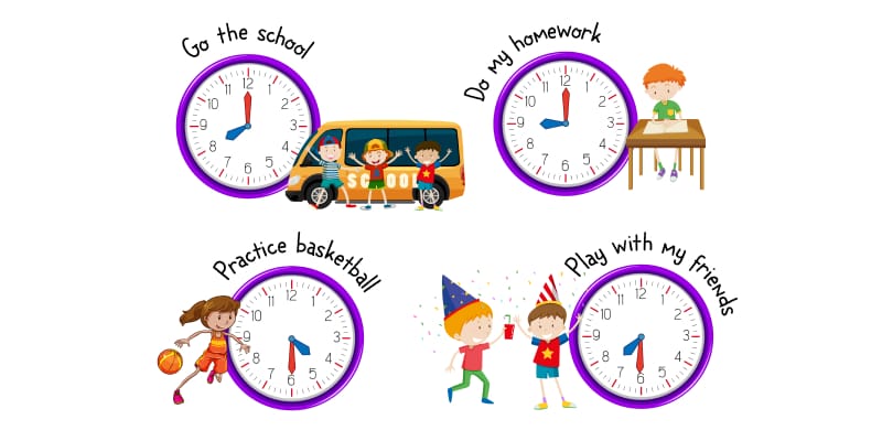 A vector illustration depicting time management in school children.